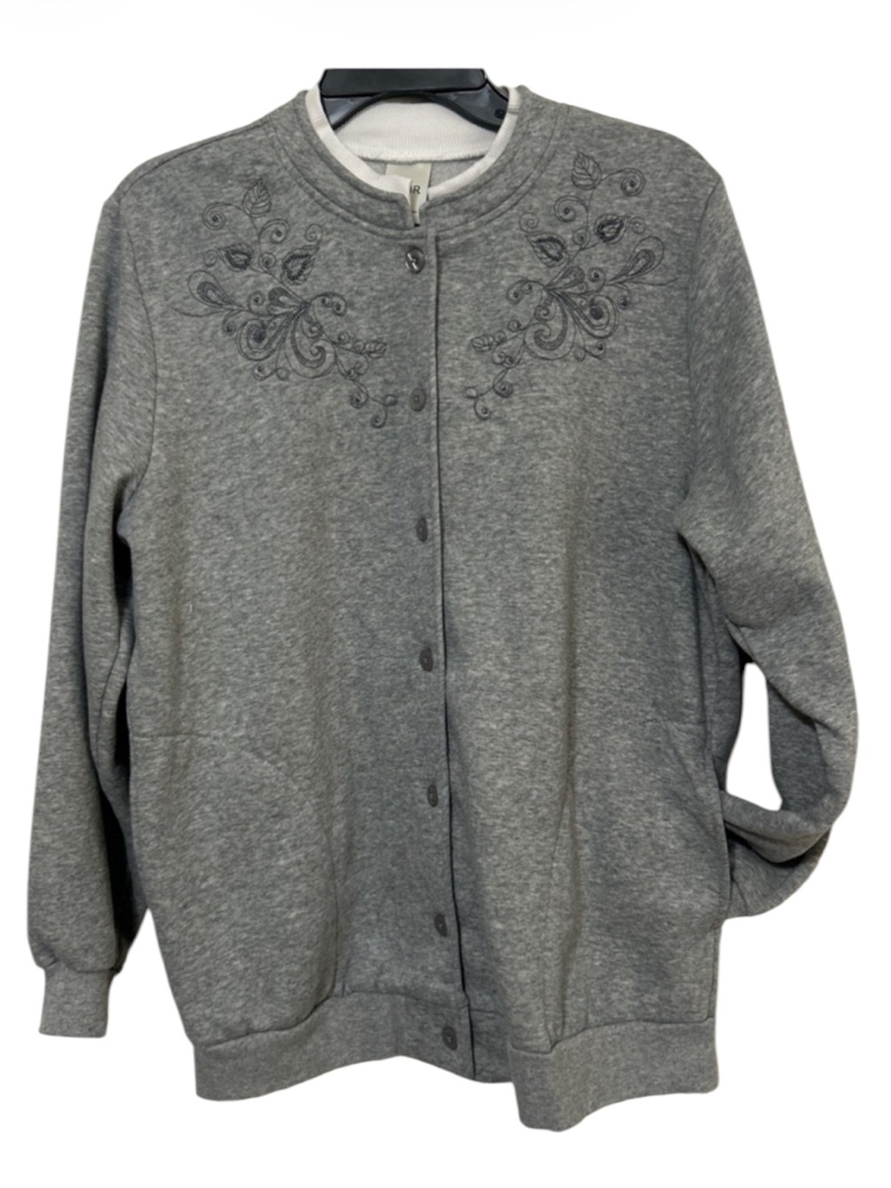 Blair Vintage Gray Floral Embroidered Fleece Button Front Cardigan Sweatshirt M